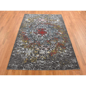 6'1"x9'2" Iridium Black, Transitional Erased And Broken Agra Design With Pop Of Color, Wool And Silk, Hand Knotted, Oriental Rug FWR485814