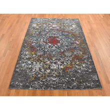 Load image into Gallery viewer, 6&#39;1&quot;x9&#39;2&quot; Iridium Black, Transitional Erased And Broken Agra Design With Pop Of Color, Wool And Silk, Hand Knotted, Oriental Rug FWR485814
