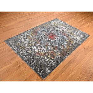 6'1"x9'2" Iridium Black, Transitional Erased And Broken Agra Design With Pop Of Color, Wool And Silk, Hand Knotted, Oriental Rug FWR485814