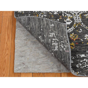 6'1"x9'2" Iridium Black, Transitional Erased And Broken Agra Design With Pop Of Color, Wool And Silk, Hand Knotted, Oriental Rug FWR485814