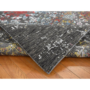 6'1"x9'2" Iridium Black, Transitional Erased And Broken Agra Design With Pop Of Color, Wool And Silk, Hand Knotted, Oriental Rug FWR485814