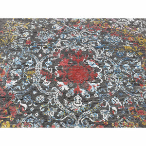 6'1"x9'2" Iridium Black, Transitional Erased And Broken Agra Design With Pop Of Color, Wool And Silk, Hand Knotted, Oriental Rug FWR485814
