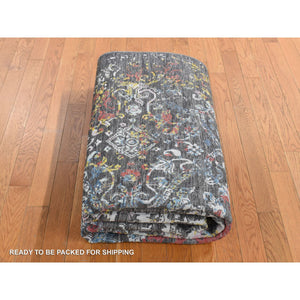 6'1"x9'2" Iridium Black, Transitional Erased And Broken Agra Design With Pop Of Color, Wool And Silk, Hand Knotted, Oriental Rug FWR485814