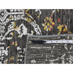 6'1"x9'2" Iridium Black, Transitional Erased And Broken Agra Design With Pop Of Color, Wool And Silk, Hand Knotted, Oriental Rug FWR485814