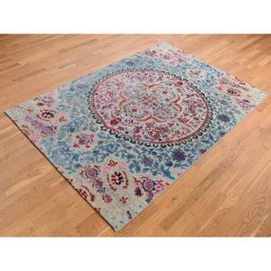 6'x9' Tan Brown, Colorful Maharaja Design, Sari Silk and Textured Wool, Hand Knotted, Oriental Rug FWR485832