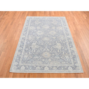 6'1"x8'9" Battleship Gray, Hand Knotted, Oushak Influence, Pure Silk And Textured Wool, Oriental Rug FWR485940