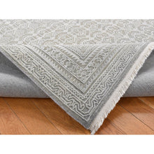 Load image into Gallery viewer, 6&#39;x9&#39;1&quot; Old Silver Gray, Pure Silk With Textured Wool, Tone On Tone Repetitive Jewlery Design, Hand Knotted, Oriental Rug FWR485970