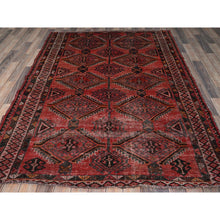 Load image into Gallery viewer, 5&#39;2&quot;x7&#39;2&quot; Blush Red, Vintage Persian Baluch with Serrated Geometric Pattern, Worn and Distressed, Shaved Low, Zero Pile, Sides and Ends Professionally Secured, Hand Knotted, 100% Wool, Oriental Rug FWR4854