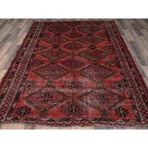 5'2"x7'2" Blush Red, Vintage Persian Baluch with Serrated Geometric Pattern, Worn and Distressed, Shaved Low, Zero Pile, Sides and Ends Professionally Secured, Hand Knotted, 100% Wool, Oriental Rug FWR4854