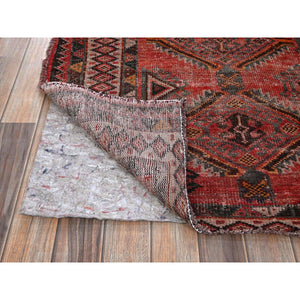 5'2"x7'2" Blush Red, Vintage Persian Baluch with Serrated Geometric Pattern, Worn and Distressed, Shaved Low, Zero Pile, Sides and Ends Professionally Secured, Hand Knotted, 100% Wool, Oriental Rug FWR4854