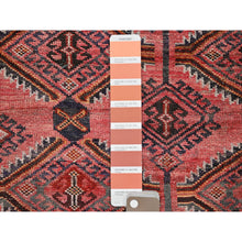Load image into Gallery viewer, 5&#39;2&quot;x7&#39;2&quot; Blush Red, Vintage Persian Baluch with Serrated Geometric Pattern, Worn and Distressed, Shaved Low, Zero Pile, Sides and Ends Professionally Secured, Hand Knotted, 100% Wool, Oriental Rug FWR4854