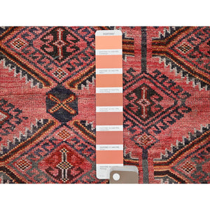 5'2"x7'2" Blush Red, Vintage Persian Baluch with Serrated Geometric Pattern, Worn and Distressed, Shaved Low, Zero Pile, Sides and Ends Professionally Secured, Hand Knotted, 100% Wool, Oriental Rug FWR4854