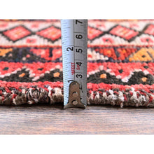 Load image into Gallery viewer, 5&#39;2&quot;x7&#39;2&quot; Blush Red, Vintage Persian Baluch with Serrated Geometric Pattern, Worn and Distressed, Shaved Low, Zero Pile, Sides and Ends Professionally Secured, Hand Knotted, 100% Wool, Oriental Rug FWR4854