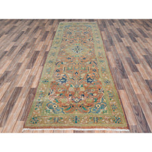Load image into Gallery viewer, 3&#39;5&quot;x10&#39;5&quot; Coral Red, Hand Knotted Vintage Persian Kashan, Sheared Low Distressed Look Worn Wool, Wide Runner Oriental Rug FWR486294