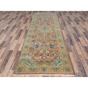 3'5"x10'5" Coral Red, Hand Knotted Vintage Persian Kashan, Sheared Low Distressed Look Worn Wool, Wide Runner Oriental Rug FWR486294