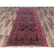 Load image into Gallery viewer, 3&#39;5&quot;x9&#39;5&quot; Hot Pink And Purple, Hand Knotted Vintage Persian Hamadan, Sheared Low Distressed Look Worn Wool, Wide Runner Oriental Rug FWR486378
