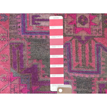 Load image into Gallery viewer, 3&#39;5&quot;x9&#39;5&quot; Hot Pink And Purple, Hand Knotted Vintage Persian Hamadan, Sheared Low Distressed Look Worn Wool, Wide Runner Oriental Rug FWR486378