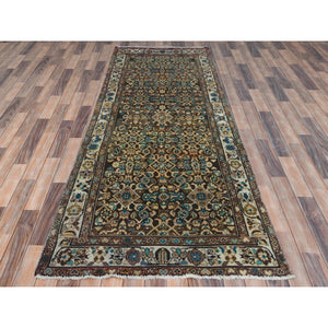3'7"x9'10" Chocolate Brown, Worn Wool Hand Knotted Vintage Persian Hamadan with Fish Mahi All Over Design, Sheared Low Distressed Look, Wide Runner Oriental Rug FWR486438