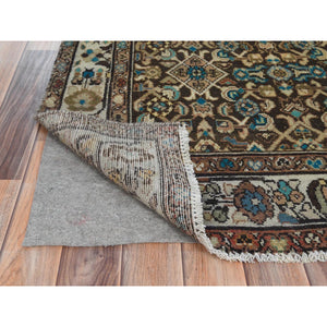 3'7"x9'10" Chocolate Brown, Worn Wool Hand Knotted Vintage Persian Hamadan with Fish Mahi All Over Design, Sheared Low Distressed Look, Wide Runner Oriental Rug FWR486438