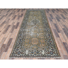 Load image into Gallery viewer, 3&#39;5&quot;x10&#39;6&quot; Army Green, Worn Wool Hand Knotted Vintage Persian Hamadan With Fish Mahi Design, Cropped Thin Distressed Look, Wide Runner Oriental Rug FWR486792