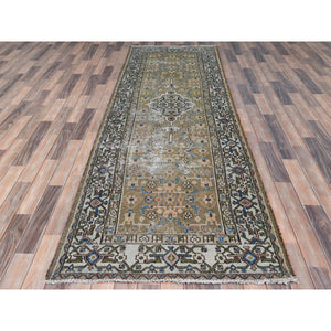 3'5"x10'6" Army Green, Worn Wool Hand Knotted Vintage Persian Hamadan With Fish Mahi Design, Cropped Thin Distressed Look, Wide Runner Oriental Rug FWR486792