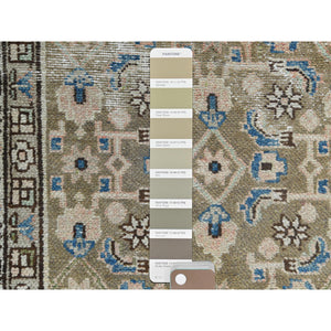 3'5"x10'6" Army Green, Worn Wool Hand Knotted Vintage Persian Hamadan With Fish Mahi Design, Cropped Thin Distressed Look, Wide Runner Oriental Rug FWR486792
