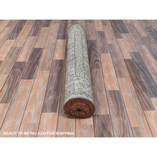 Load image into Gallery viewer, 3&#39;5&quot;x10&#39;6&quot; Army Green, Worn Wool Hand Knotted Vintage Persian Hamadan With Fish Mahi Design, Cropped Thin Distressed Look, Wide Runner Oriental Rug FWR486792