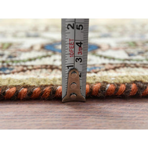 3'5"x10'6" Army Green, Worn Wool Hand Knotted Vintage Persian Hamadan With Fish Mahi Design, Cropped Thin Distressed Look, Wide Runner Oriental Rug FWR486792