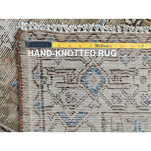 3'5"x10'6" Army Green, Worn Wool Hand Knotted Vintage Persian Hamadan With Fish Mahi Design, Cropped Thin Distressed Look, Wide Runner Oriental Rug FWR486792