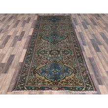 Load image into Gallery viewer, 3&#39;6&quot;x9&#39;7&quot; Green with Touches of Pink, Distressed Look Worn Wool Hand Knotted, Vintage Persian Bakhtiar Cropped Thin, Wide Runner Oriental Rug FWR486852