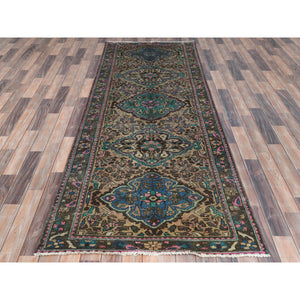 3'6"x9'7" Green with Touches of Pink, Distressed Look Worn Wool Hand Knotted, Vintage Persian Bakhtiar Cropped Thin, Wide Runner Oriental Rug FWR486852