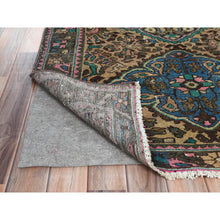 Load image into Gallery viewer, 3&#39;6&quot;x9&#39;7&quot; Green with Touches of Pink, Distressed Look Worn Wool Hand Knotted, Vintage Persian Bakhtiar Cropped Thin, Wide Runner Oriental Rug FWR486852