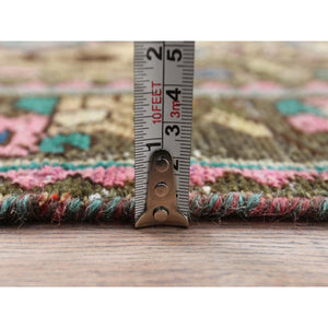 3'6"x9'7" Green with Touches of Pink, Distressed Look Worn Wool Hand Knotted, Vintage Persian Bakhtiar Cropped Thin, Wide Runner Oriental Rug FWR486852