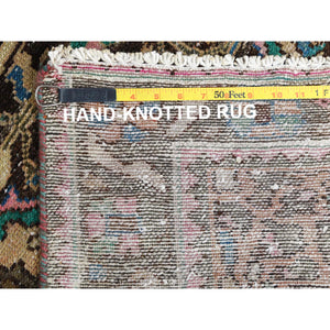 3'6"x9'7" Green With Touches Of Pink, Distressed Look Worn Wool Hand Knotted, Vintage Persian Bakhtiar Cropped Thin, Wide Runner Oriental Rug FWR486852