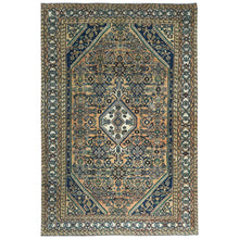 Load image into Gallery viewer, 6&#39;3&quot;x9&#39;7&quot; Sand Color, Distressed Look Worn Wool Hand Knotted, Vintage Persian Hamadan with Fish Mahi Design Sheared Low, Oriental Rug FWR487050