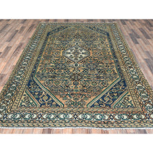 Load image into Gallery viewer, 6&#39;3&quot;x9&#39;7&quot; Sand Color, Distressed Look Worn Wool Hand Knotted, Vintage Persian Hamadan with Fish Mahi Design Sheared Low, Oriental Rug FWR487050