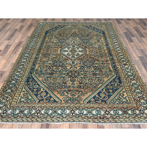 6'3"x9'7" Sand Color, Distressed Look Worn Wool Hand Knotted, Vintage Persian Hamadan with Fish Mahi Design Sheared Low, Oriental Rug FWR487050