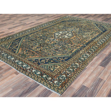 Load image into Gallery viewer, 6&#39;3&quot;x9&#39;7&quot; Sand Color, Distressed Look Worn Wool Hand Knotted, Vintage Persian Hamadan with Fish Mahi Design Sheared Low, Oriental Rug FWR487050