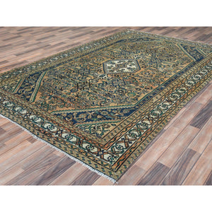 6'3"x9'7" Sand Color, Distressed Look Worn Wool Hand Knotted, Vintage Persian Hamadan with Fish Mahi Design Sheared Low, Oriental Rug FWR487050