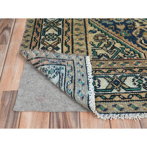 6'3"x9'7" Sand Color, Distressed Look Worn Wool Hand Knotted, Vintage Persian Hamadan with Fish Mahi Design Sheared Low, Oriental Rug FWR487050