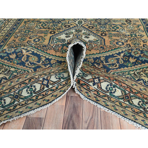 6'3"x9'7" Sand Color, Distressed Look Worn Wool Hand Knotted, Vintage Persian Hamadan with Fish Mahi Design Sheared Low, Oriental Rug FWR487050