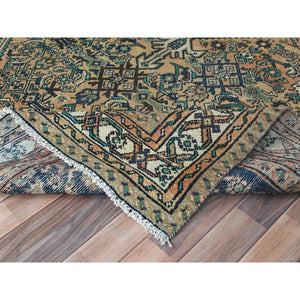 6'3"x9'7" Sand Color, Distressed Look Worn Wool Hand Knotted, Vintage Persian Hamadan with Fish Mahi Design Sheared Low, Oriental Rug FWR487050