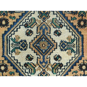 6'3"x9'7" Sand Color, Distressed Look Worn Wool Hand Knotted, Vintage Persian Hamadan with Fish Mahi Design Sheared Low, Oriental Rug FWR487050