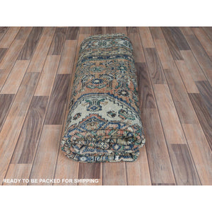 6'3"x9'7" Sand Color, Distressed Look Worn Wool Hand Knotted, Vintage Persian Hamadan with Fish Mahi Design Sheared Low, Oriental Rug FWR487050
