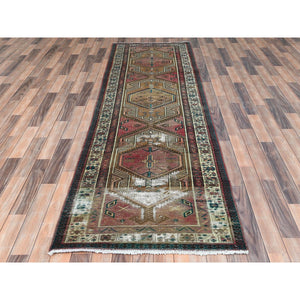 3'1"x10'1" Rich Red, Worn Wool Hand Knotted, Vintage Persian Serab Cropped Thin Distressed Look, Runner Oriental Rug FWR487116