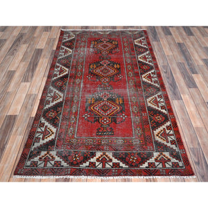 3'9"x6'4" Tomato Red, Hand Knotted Vintage Persian Baluch, Cropped Thin Distressed Look Worn Wool, Oriental Rug FWR487260