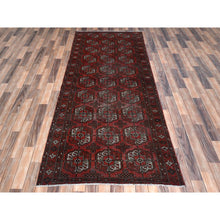 Load image into Gallery viewer, 3&#39;9&quot;x9&#39;2&quot; Tomato Red, Distressed Look Worn Wool Hand Knotted, Vintage Persian Turkaman with Elephant Feet Design Cropped Thin, Wide Runner Oriental Rug FWR487272