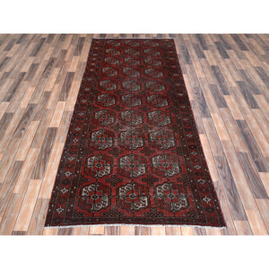 3'9"x9'2" Tomato Red, Distressed Look Worn Wool Hand Knotted, Vintage Persian Turkaman with Elephant Feet Design Cropped Thin, Wide Runner Oriental Rug FWR487272