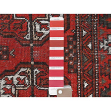 Load image into Gallery viewer, 3&#39;9&quot;x9&#39;2&quot; Tomato Red, Distressed Look Worn Wool Hand Knotted, Vintage Persian Turkaman With Elephant Feet Design Cropped Thin, Wide Runner Oriental Rug FWR487272