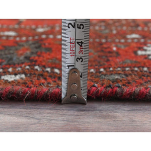 3'9"x9'2" Tomato Red, Distressed Look Worn Wool Hand Knotted, Vintage Persian Turkaman with Elephant Feet Design Cropped Thin, Wide Runner Oriental Rug FWR487272